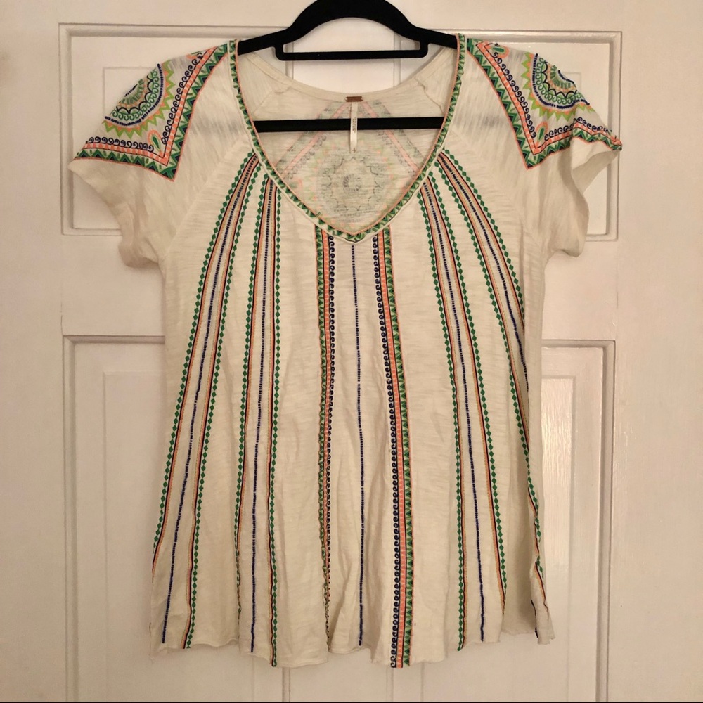 Free People Short Sleeve Beaded Top Embroidered